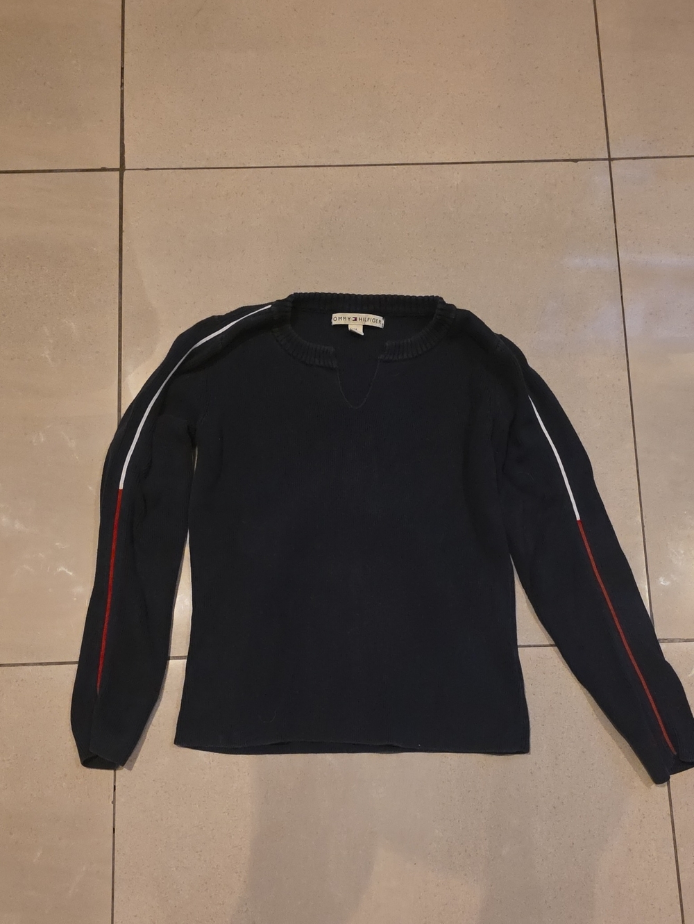 Tommy Hilfiger Navy Crewneck Sweater with White and Red Sleeve Stripes